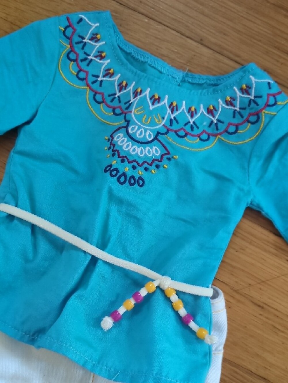 American Girl Doll Turquoise Embroidered Top & Cream Pants Set - Picture 2 of 4